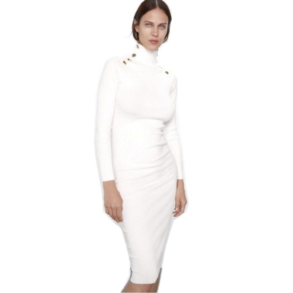 Zara ribbed turtleneck off-white midi dress, US M - Picture 1 of 6